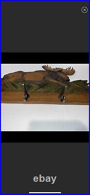 Rare Big Sky Carvers Moose Rustic Country Hand Crafted Wooden Wall Coat Hanger