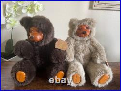 Signed 2 Rare Big Sky Carvers Bearfoots Plush Teddy Bears Wooden Face & Paws