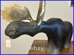 Vintage Adorable Big Sky Carvers Large Heavy Wooden Moose Statue & Free Shipping