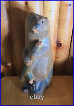 Vintage Big Sky Carvers Jeff Fleming Pine Wood Carved Bucky Beaver Sculpture