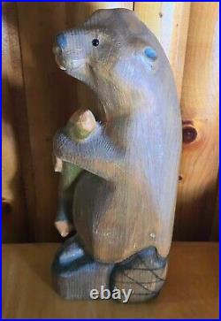 Vintage Big Sky Carvers Jeff Fleming Pine Wood Carved Bucky Beaver Sculpture