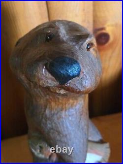 Vintage Big Sky Carvers Jeff Fleming Pine Wood Carved Otter & Fish Sculpture