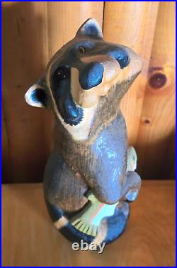 Vintage Big Sky Carvers Jeff Fleming Pine Wood Carved Raccoon & Fish Sculpture