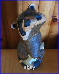 Vintage Big Sky Carvers Jeff Fleming Pine Wood Carved Raccoon & Fish Sculpture