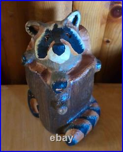 Vintage Big Sky Carvers Jeff Fleming Pine Wood Carved Raccoon in Stump