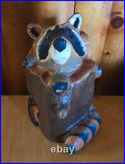 Vintage Big Sky Carvers Jeff Fleming Pine Wood Carved Raccoon in Stump