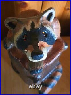 Vintage Big Sky Carvers Jeff Fleming Pine Wood Carved Raccoon in Stump