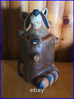 Vintage Big Sky Carvers Jeff Fleming Pine Wood Carved Raccoon in Stump