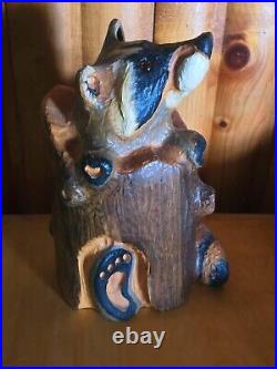 Vintage Big Sky Carvers Jeff Fleming Pine Wood Carved Raccoon in Stump