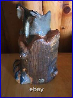 Vintage Big Sky Carvers Jeff Fleming Pine Wood Carved Raccoon in Stump