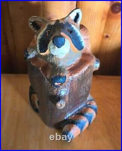 Vintage Big Sky Carvers Jeff Fleming Pine Wood Carved Raccoon in Stump