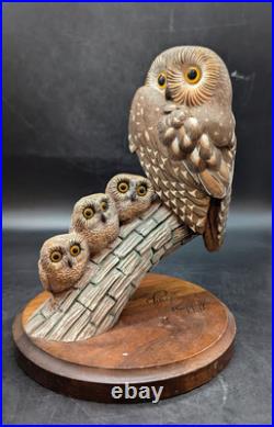 Vintage Big Sky Carvers Owls And Owlets On Branch Wood Sculpture Figurine Signed