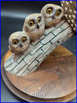 Vintage Big Sky Carvers Owls And Owlets On Branch Wood Sculpture Figurine Signed