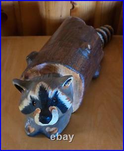 Vintage Big Sky Carves Jeff Fleming Pine Wood Carved Raccoon in a Log Sculpture