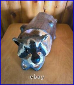 Vintage Big Sky Carves Jeff Fleming Pine Wood Carved Raccoon in a Log Sculpture