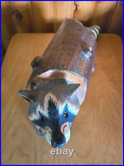 Vintage Big Sky Carves Jeff Fleming Pine Wood Carved Raccoon in a Log Sculpture