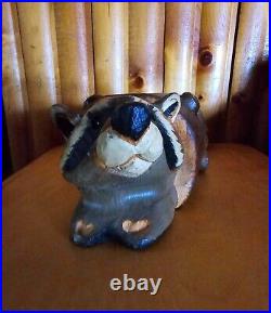 Vintage Big Sky Carves Jeff Fleming Pine Wood Carved Raccoon in a Log Sculpture