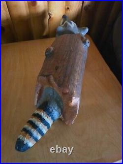 Vintage Big Sky Carves Jeff Fleming Pine Wood Carved Raccoon in a Log Sculpture