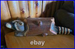 Vintage Big Sky Carves Jeff Fleming Pine Wood Carved Raccoon in a Log Sculpture