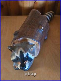 Vintage Big Sky Carves Jeff Fleming Pine Wood Carved Raccoon in a Log Sculpture