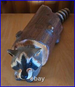 Vintage Big Sky Carves Jeff Fleming Pine Wood Carved Raccoon in a Log Sculpture