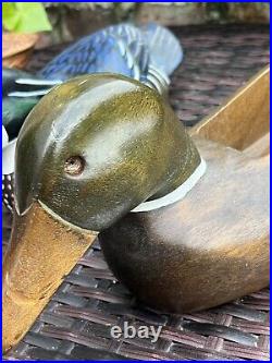Vintage Glass Eyes Wooden Decoy Ducks Hunting Lot Of 4 big sky carvers! Signed