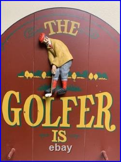 Vintage Hand Made Painted Wood Big Sky Carvers Montana Golf Golfer Sign Wall Art