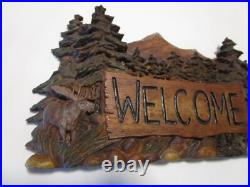 Welcome Wall Plaque Big Sky Carvers Cabin décor Moose Forest signed 10.75 L